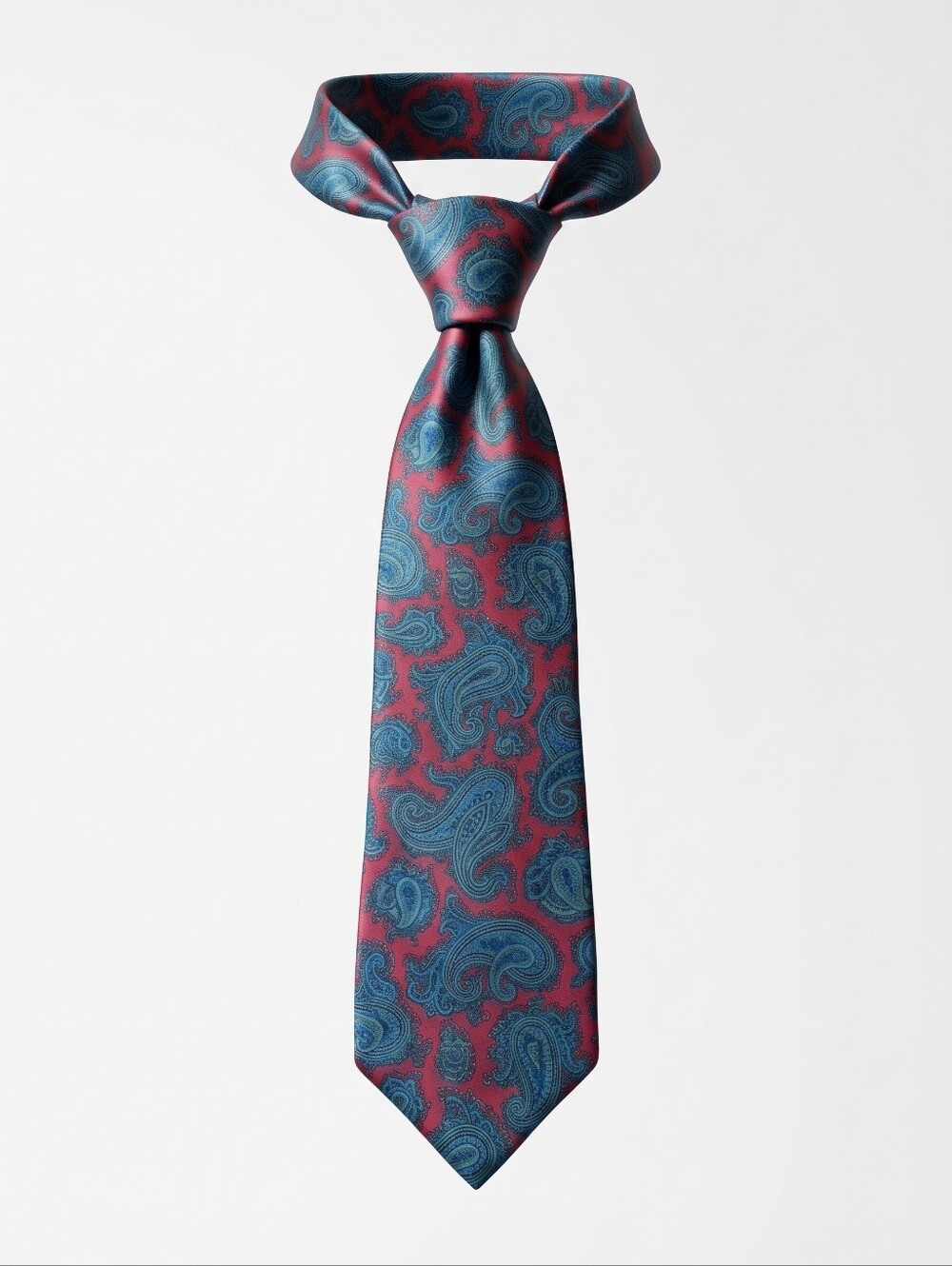 Burberry Burgundy, Slate Blue, And Teal Paisley Silk Tie
